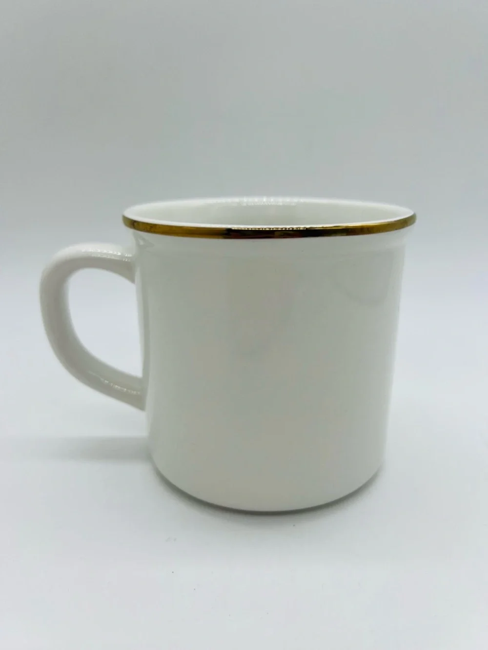 Pottery Barn White Mug with Red & Green Stewart Plaid T and Gold Rim